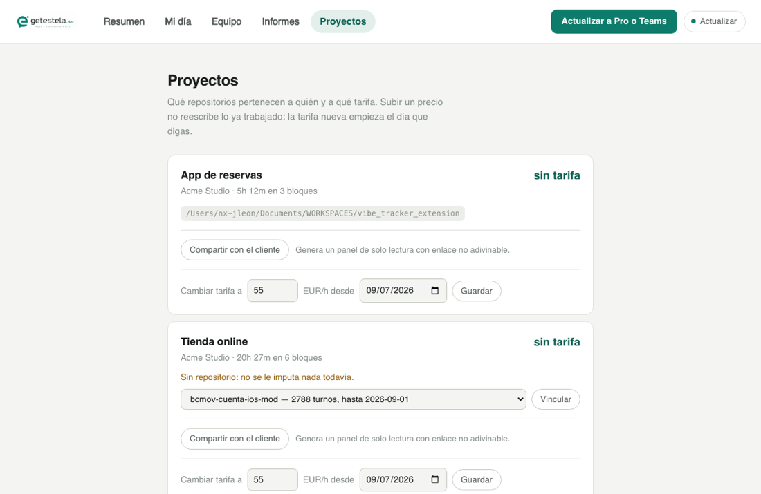 Vista Proyectos, con el desplegable para vincular un repositorio
